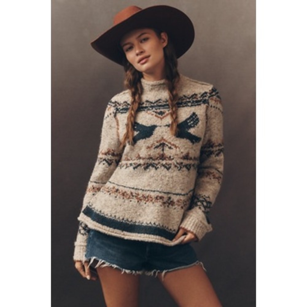 Pilcro Bird Fair Isle Mock Neck Sweater Large Oatmeal Blue